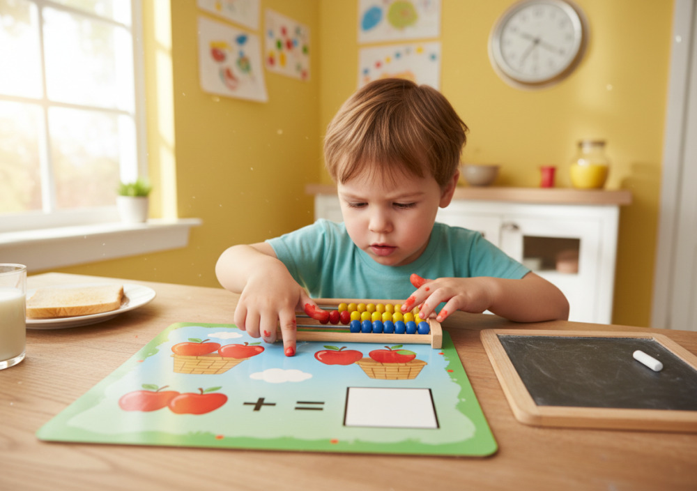 Kind löst Rechenaufgabe anhand eines Bildes mit Äpfeln