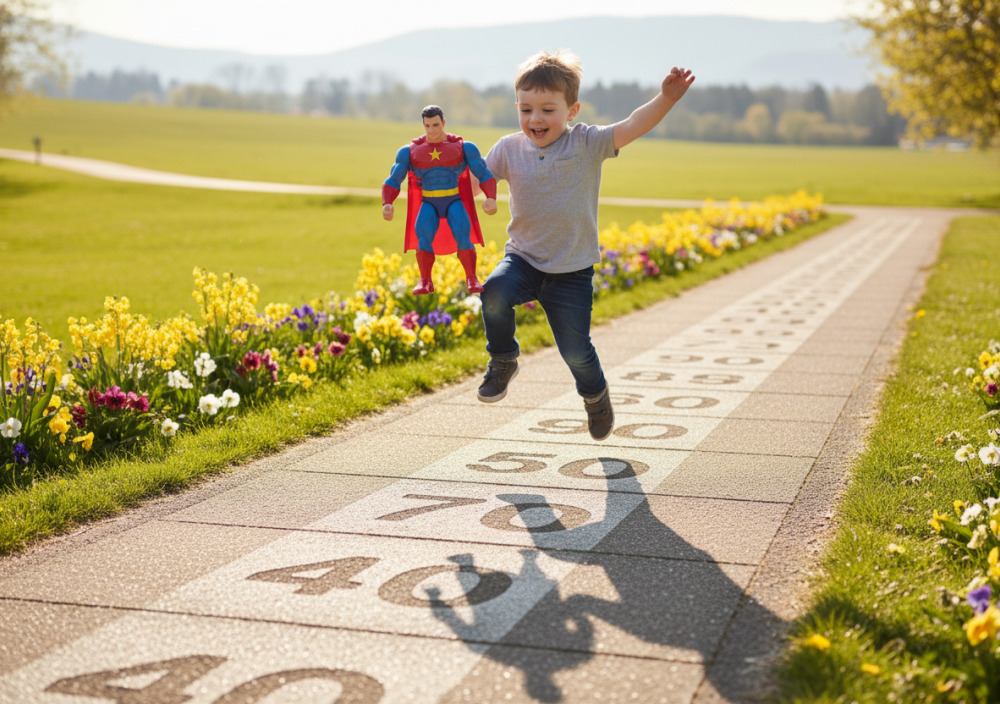 Kind springt mit Spielfigur auf einem Zahlenstrahl jeweils 10 Felder weiter