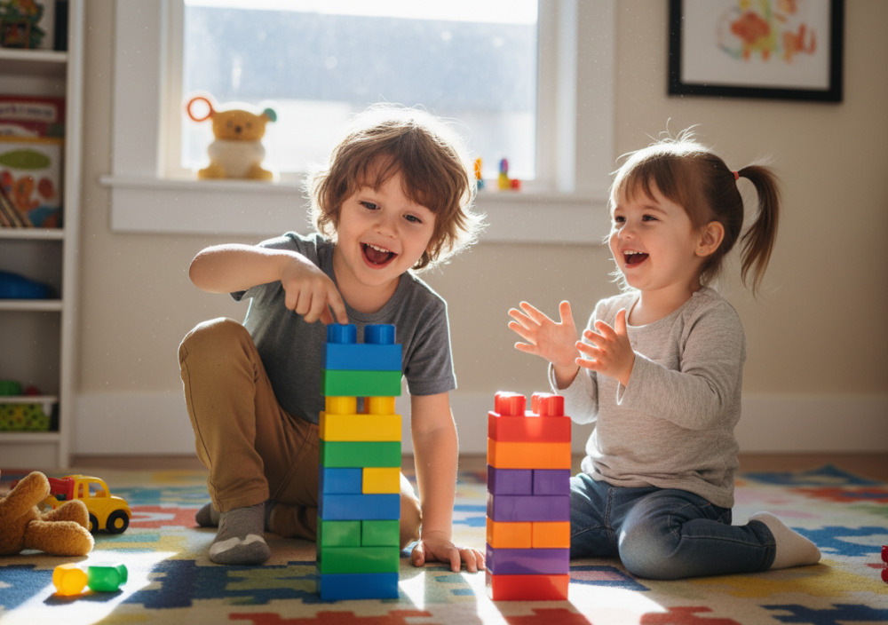 Zwei Kinder vergleichen die Höhe ihrer Bauklotztürme