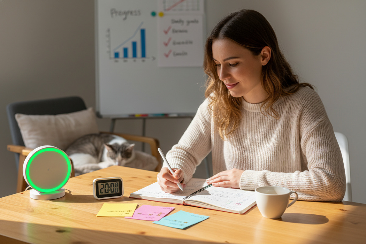 Alltagsszenen, die zeigen, wie Lernen mit klaren Startsignalen, kleinen Zeiten, Pausen und sichtbaren Erfolgen leichter