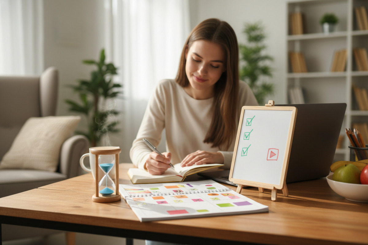 Alltagsszenen, die zeigen, wie Lernen mit klaren Startsignalen, kleinen Zeiten, Pausen und sichtbaren Erfolgen leichter