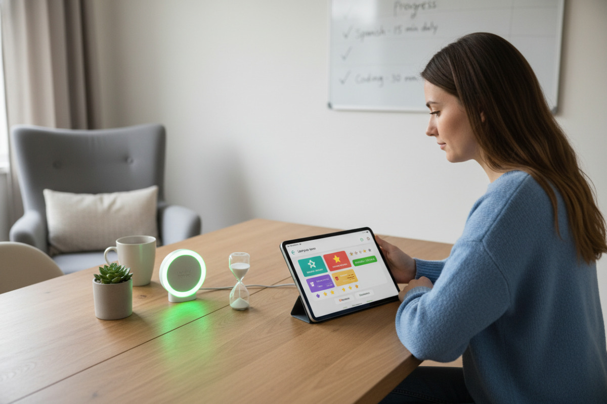 Alltagsszenen, die zeigen, wie Lernen mit klaren Startsignalen, kleinen Zeiten, Pausen und sichtbaren Erfolgen leichter