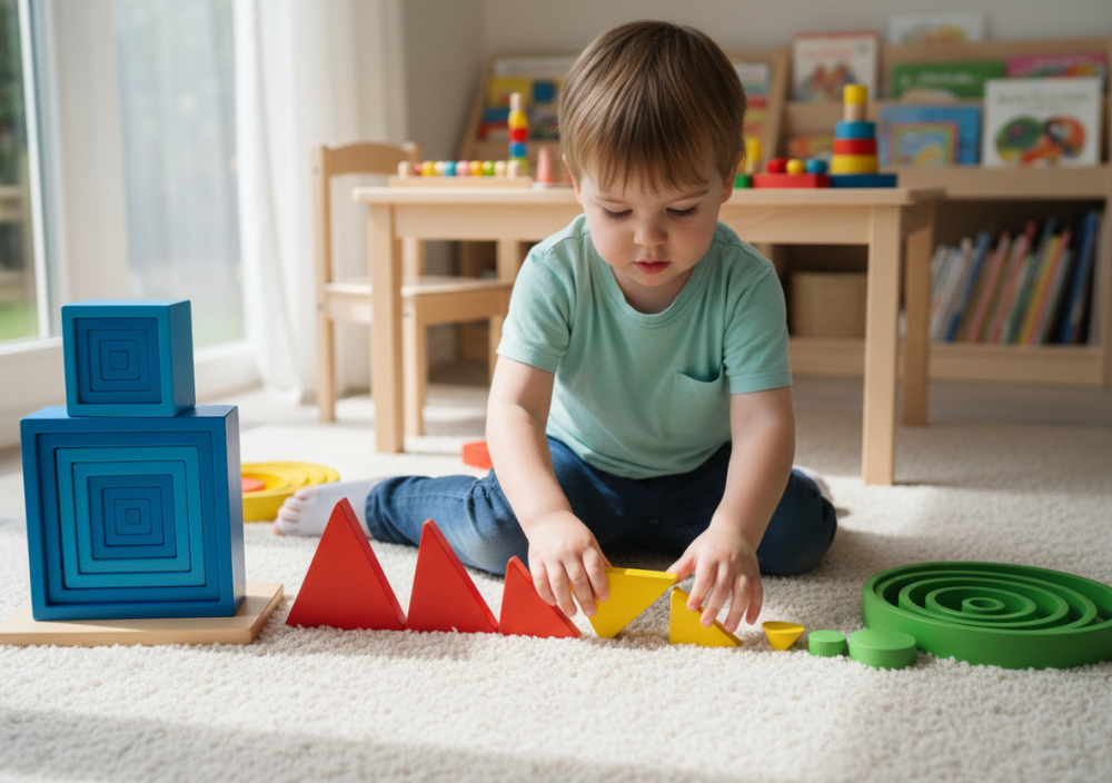 Kind sortiert bunte geometrische Figuren nach Größe