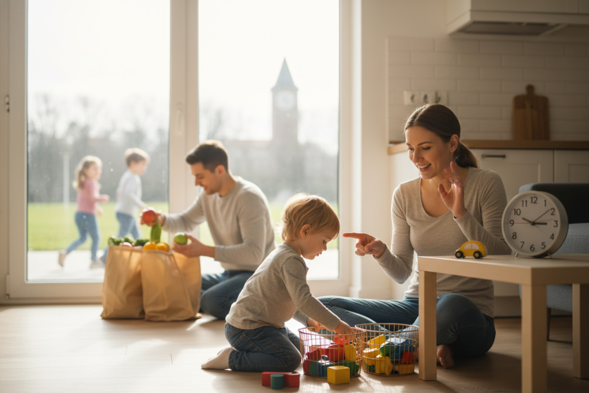 Alltagsszenen zeigen, wie Zählen, Sortieren, Einkaufen, Uhrzeit und Bewegung zu kurzen Lernmomenten werden.