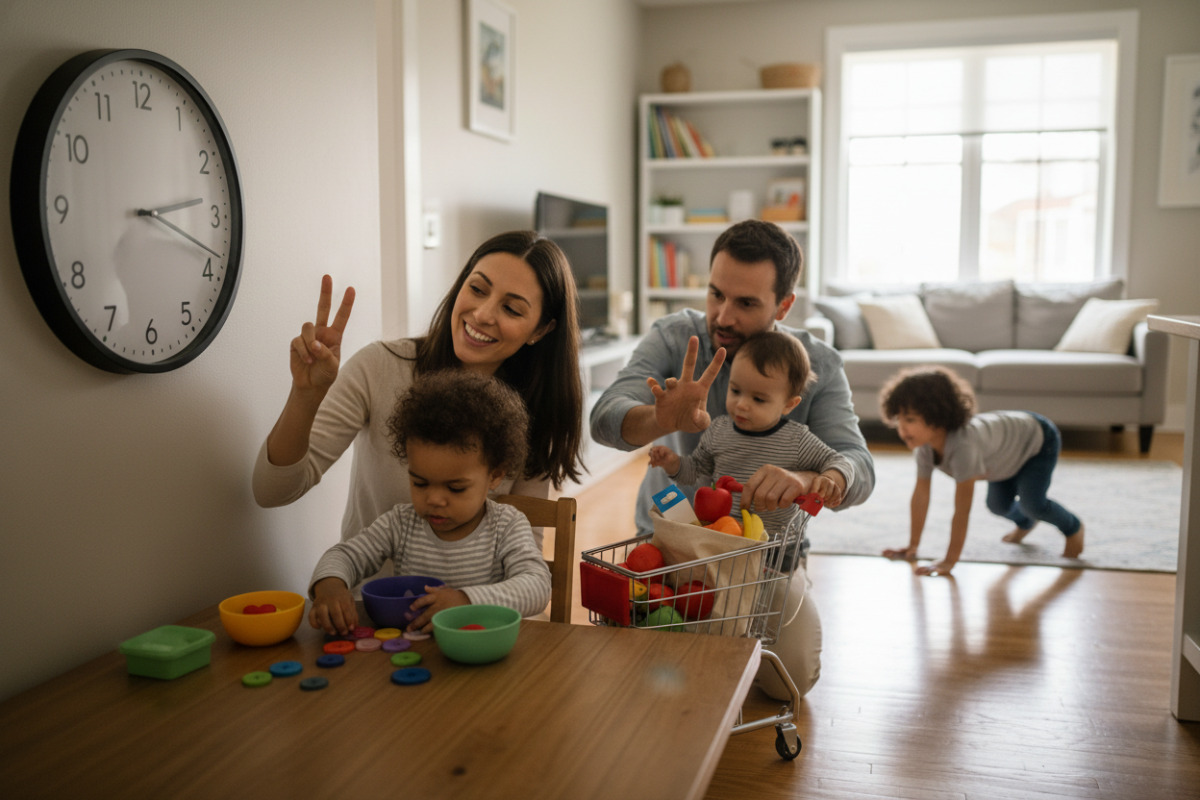 Alltagsszenen zeigen, wie Zählen, Sortieren, Einkaufen, Uhrzeit und Bewegung zu kurzen Lernmomenten werden.