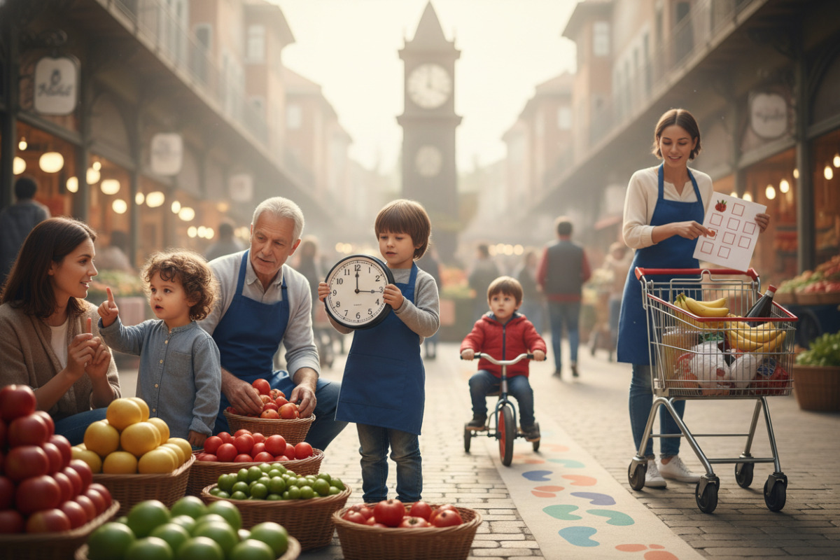Alltagsszenen zeigen, wie Zählen, Sortieren, Einkaufen, Uhrzeit und Bewegung zu kurzen Lernmomenten werden.