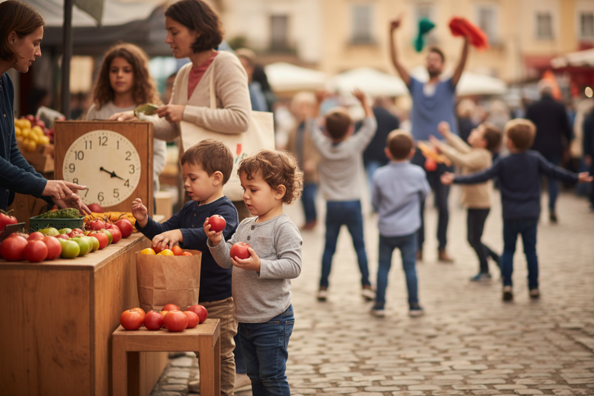 Alltagsszenen zeigen, wie Zählen, Sortieren, Einkaufen, Uhrzeit und Bewegung zu kurzen Lernmomenten werden.