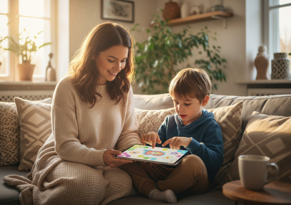 Mutter begleitet Kind beim Lernen mit Tablet in entspannter Atmosphäre