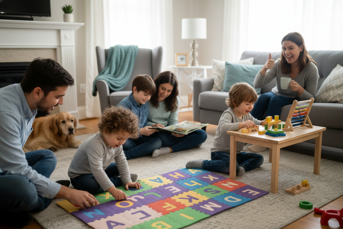 Alltagsszenen zeigen ruhiges Üben, gemeinsames Lesen, Zählen mit Material, Pausen und kleine Motivation zu Hause.