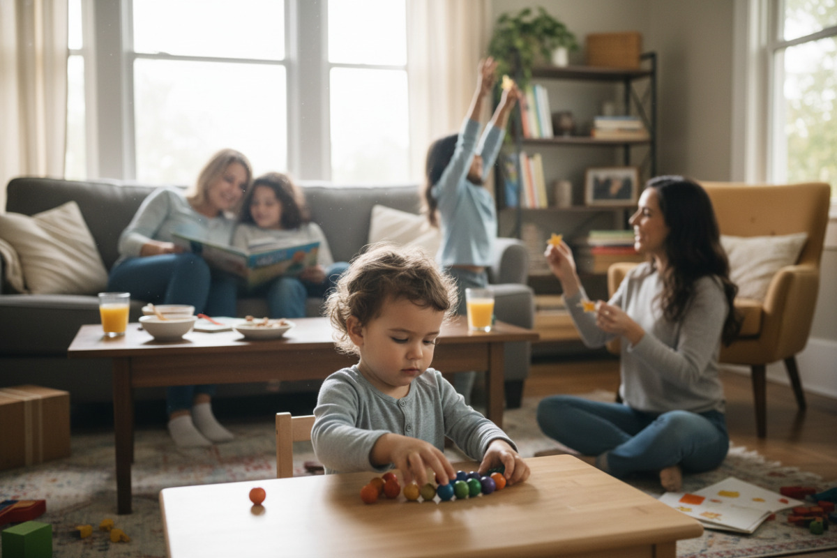 Alltagsszenen zeigen ruhiges Üben, gemeinsames Lesen, Zählen mit Material, Pausen und kleine Motivation zu Hause.
