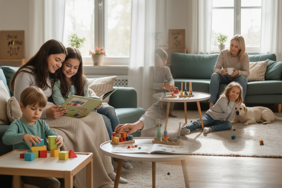 Alltagsszenen zeigen ruhiges Üben, gemeinsames Lesen, Zählen mit Material, Pausen und kleine Motivation zu Hause.