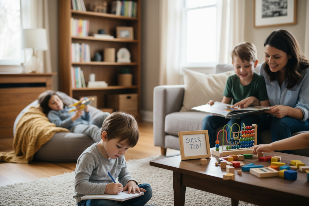 Alltagsszenen zeigen ruhiges Üben, gemeinsames Lesen, Zählen mit Material, Pausen und kleine Motivation zu Hause.