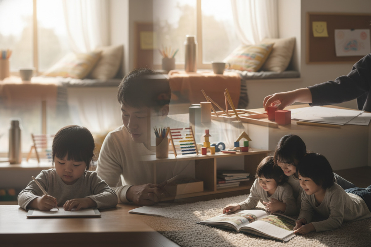 Alltagsszenen zeigen ruhiges Üben, gemeinsames Lesen, Zählen mit Material, Pausen und kleine Motivation zu Hause.