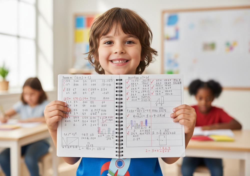 Lachendes Kind zeigt stolz sein Mathematikheft mit gelösten Aufgaben