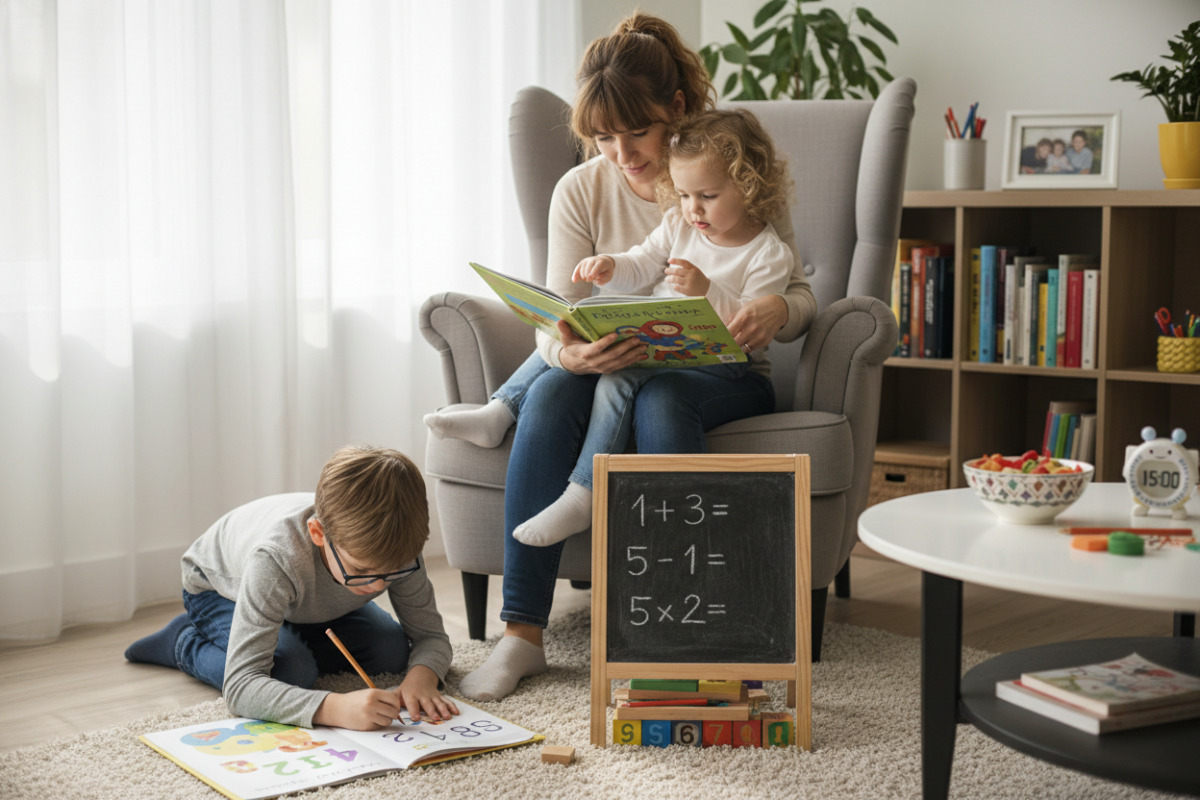 Alltagsszenen rund um Vorlesen, erstes eigenes Lesen, kleine Matheimpulse und kurze Hausaufgabenrituale, die Kindern