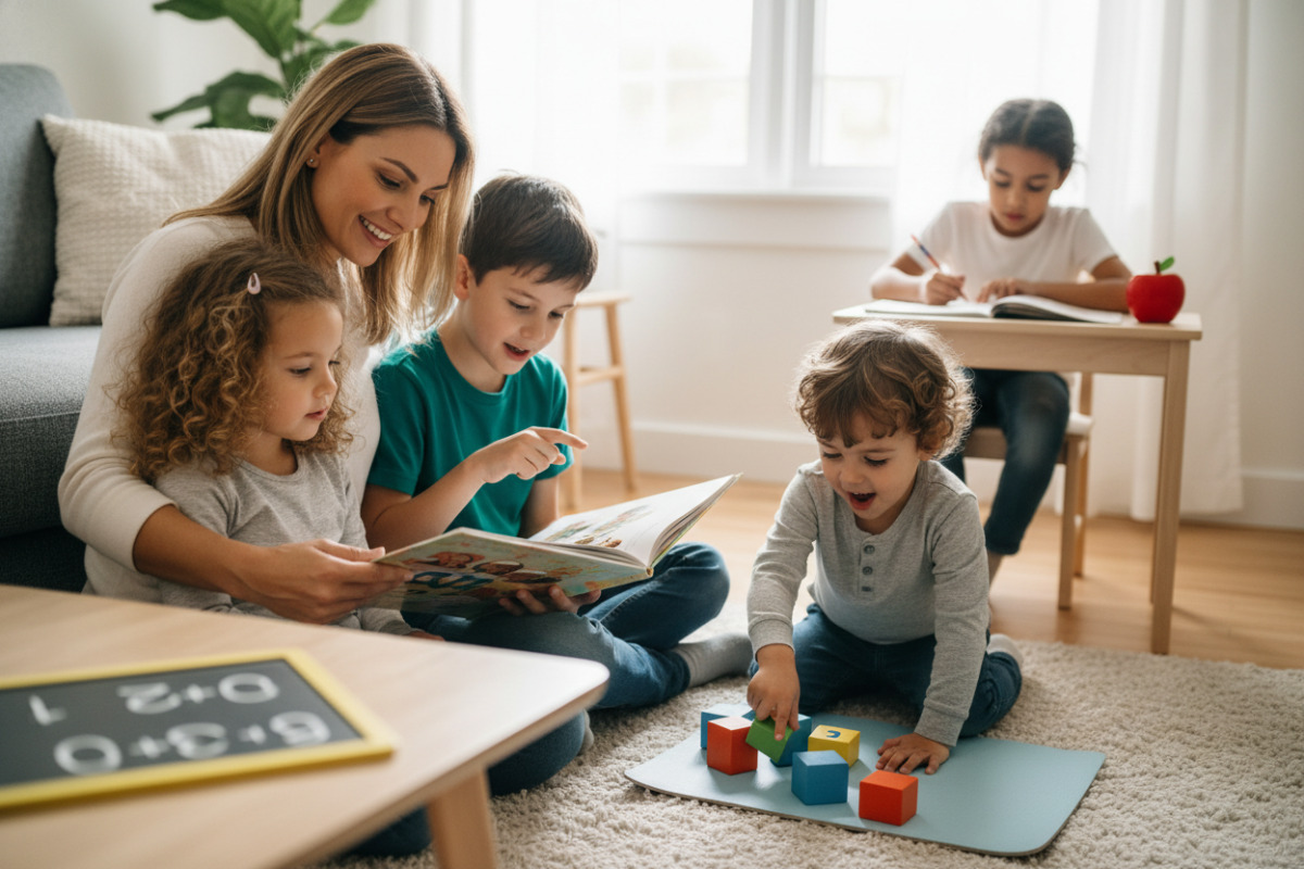 Alltagsszenen rund um Vorlesen, erstes eigenes Lesen, kleine Matheimpulse und kurze Hausaufgabenrituale, die Kindern