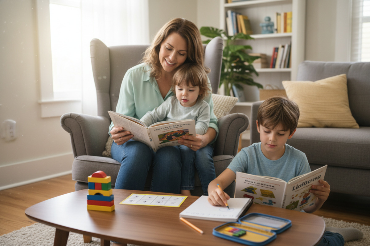 Alltagsszenen rund um Vorlesen, erstes eigenes Lesen, kleine Matheimpulse und kurze Hausaufgabenrituale, die Kindern