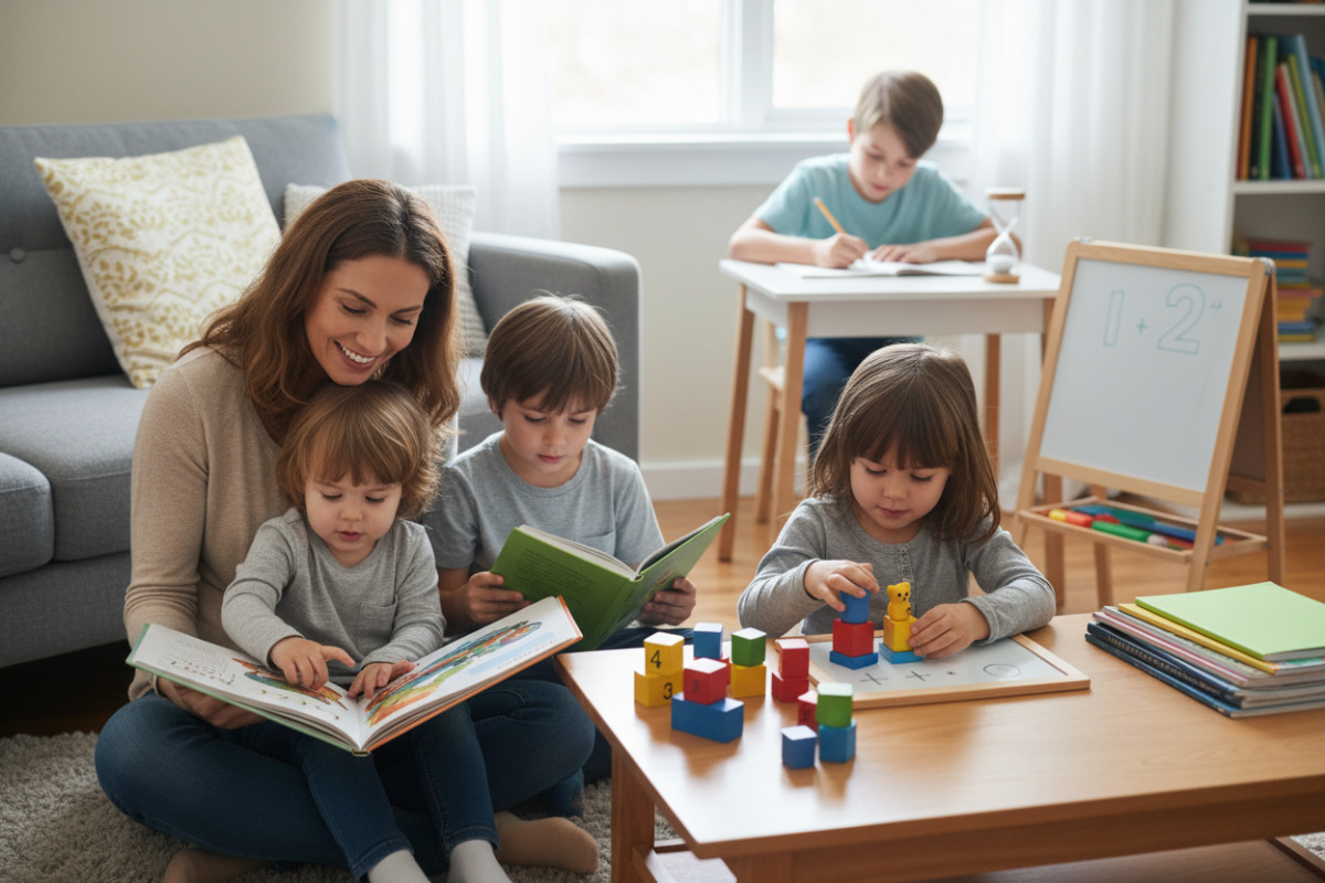 Alltagsszenen rund um Vorlesen, erstes eigenes Lesen, kleine Matheimpulse und kurze Hausaufgabenrituale, die Kindern