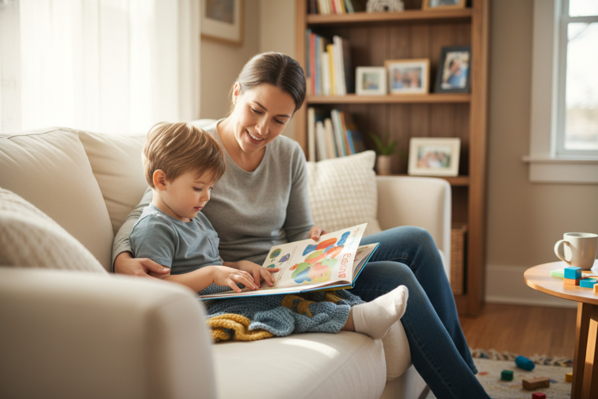 Alltagsszenen rund um Vorlesen, erstes eigenes Lesen, kleine Matheimpulse und kurze Hausaufgabenrituale, die Kindern