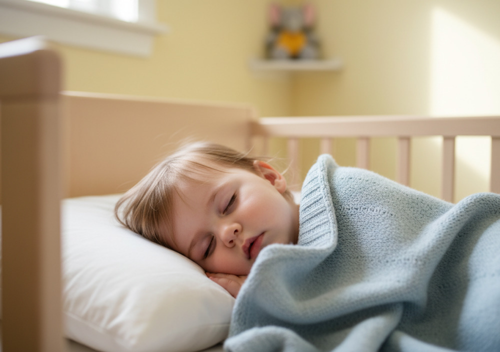 Kleinkind schläft friedlich im Bett