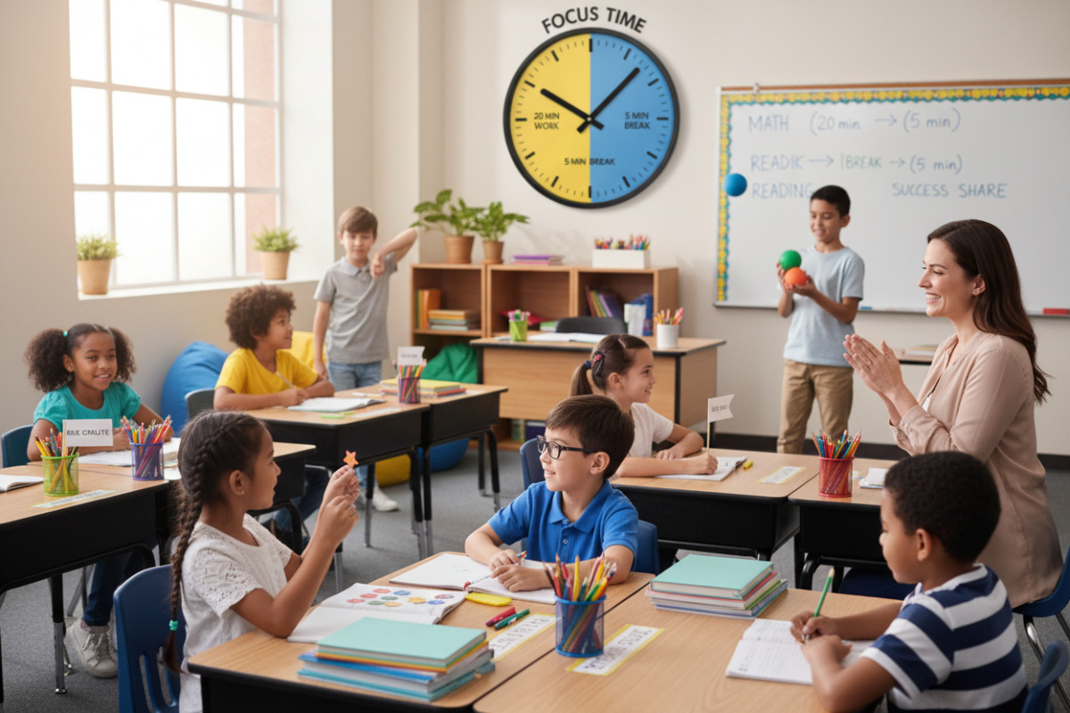Alltagsszenen, die zeigen, wie kurze Zeiten, Ordnung, Pausen und kleine Erfolge Lernroutine in Klasse unterstützen