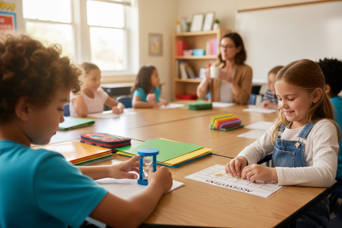 Alltagsszenen, die zeigen, wie kurze Zeiten, Ordnung, Pausen und kleine Erfolge Lernroutine in Klasse unterstützen