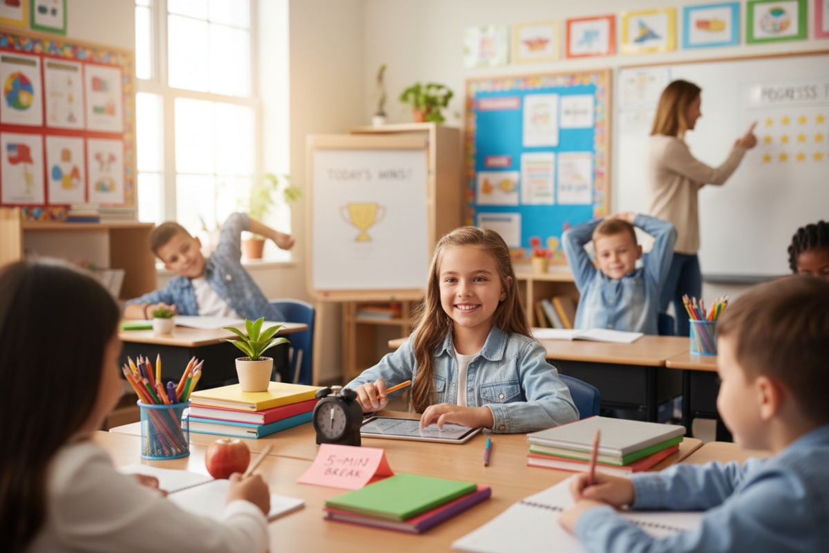 Alltagsszenen, die zeigen, wie kurze Zeiten, Ordnung, Pausen und kleine Erfolge Lernroutine in Klasse unterstützen