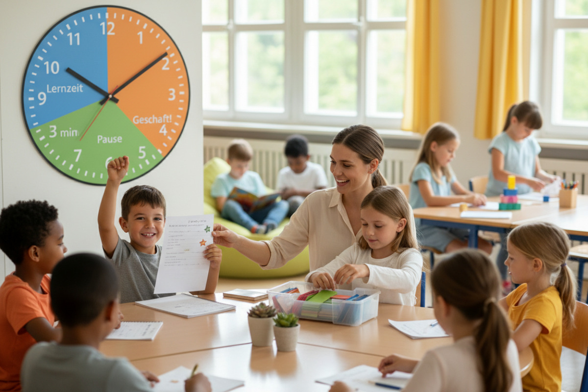 Alltagsszenen, die zeigen, wie kurze Zeiten, Ordnung, Pausen und kleine Erfolge Lernroutine in Klasse unterstützen