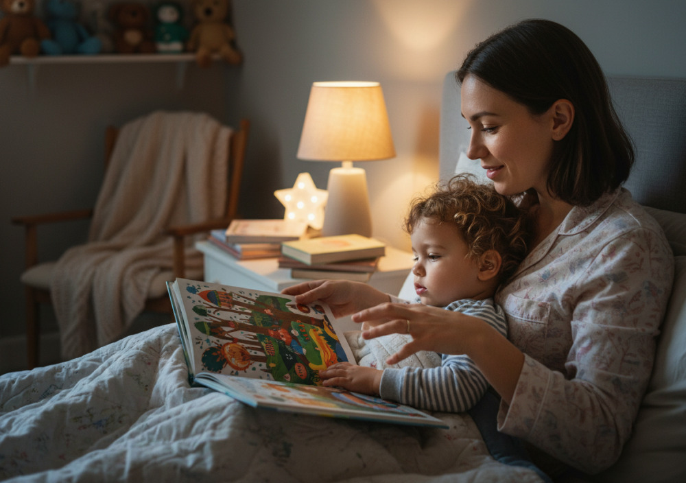 Mutter liest ihrem Kind vor dem Schlafengehen vor