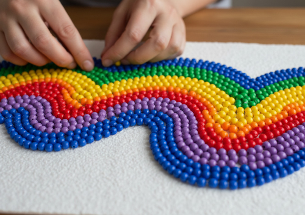 Kind legt aus bunten Perlen ein abwechselndes Farb-Muster