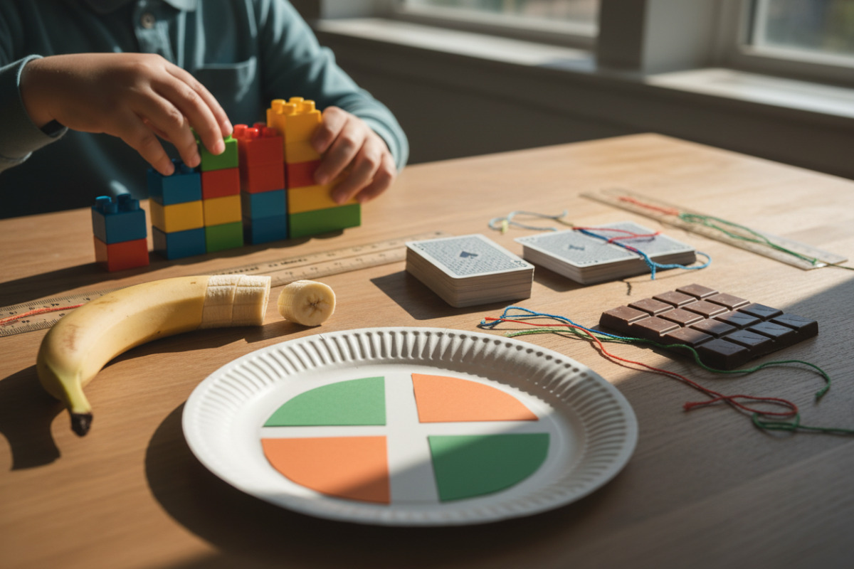 Alle Bilder zeigen, wie Brüche mit Papier, Karten und Alltagsmaterial anschaulich geteilt und verglichen werden können.