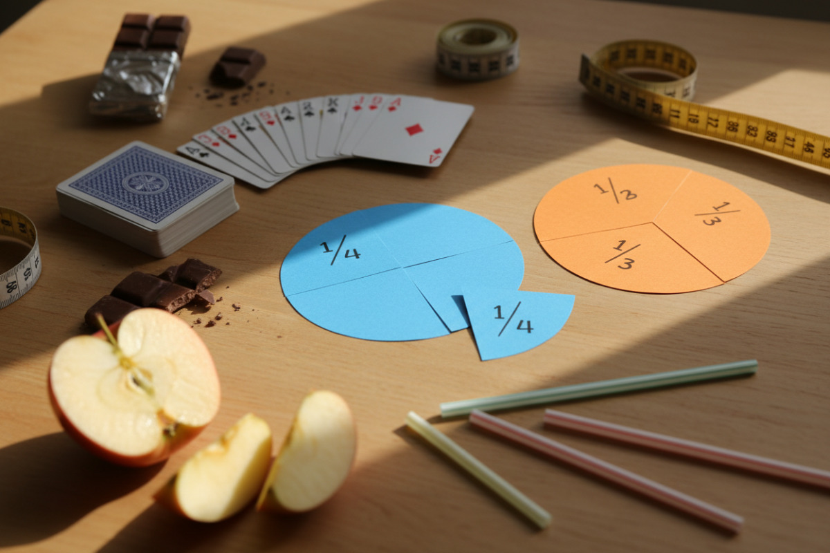 Alle Bilder zeigen, wie Brüche mit Papier, Karten und Alltagsmaterial anschaulich geteilt und verglichen werden können.