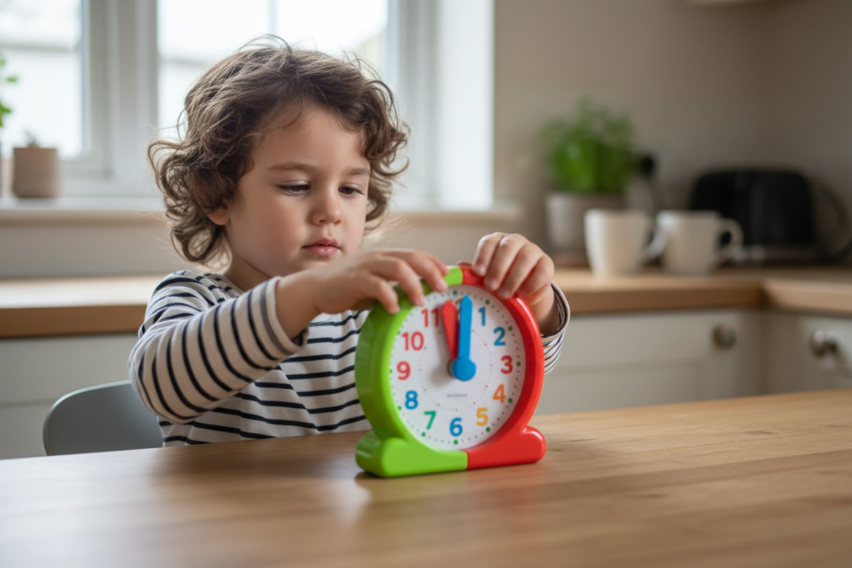 Abb. Ein Kind übt das Einstellen der Zeiger an Lernuhr am Küchentisch.