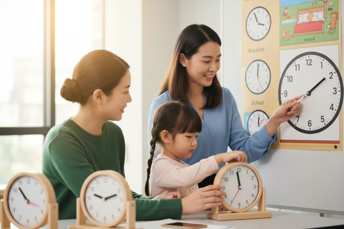 Abb. Gemeinsam Uhrzeiten besprechen kurz zeigen, dann selbst ausprobieren lassen.