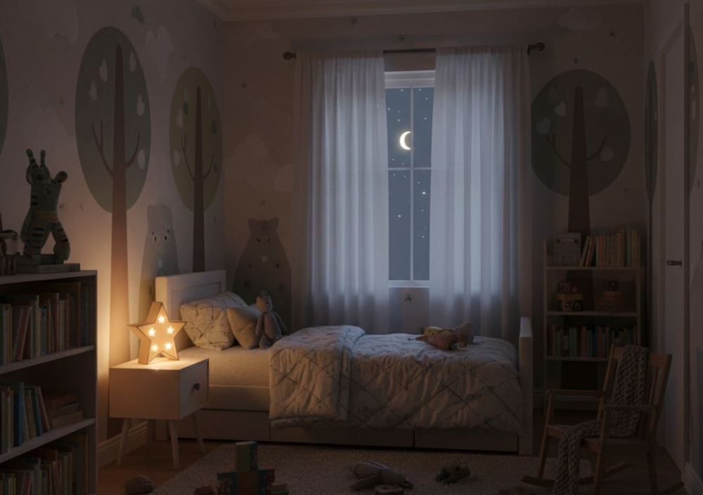 Gemütliches Kinderzimmer bei Nacht mit Nachtlicht