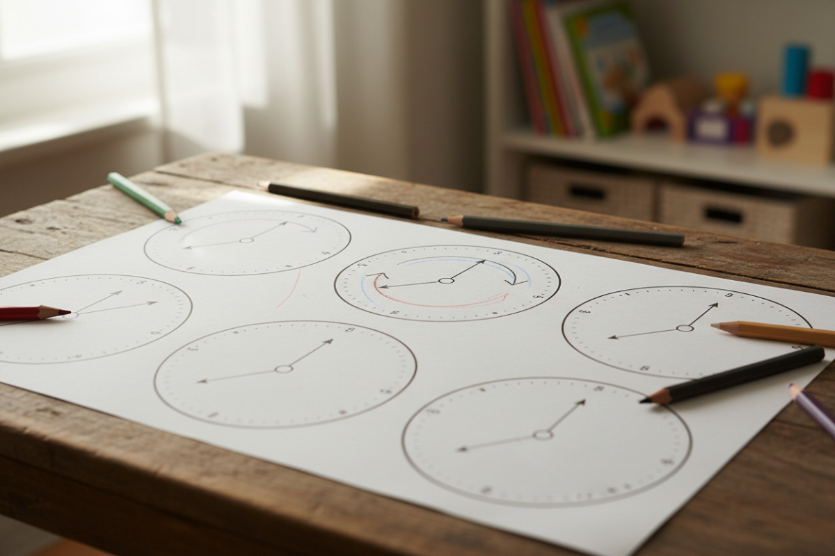 Abb. Uhrenbilder zum Anmalen oder Einzeichnen machen Zeigerbewegungen sichtbar.