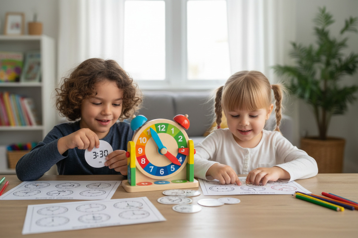 Alltagsszenen zeigen, wie Kinder mit Lernuhr, Vorlagen und Zuordnungskarten das Lesen der analogen Uhr üben.