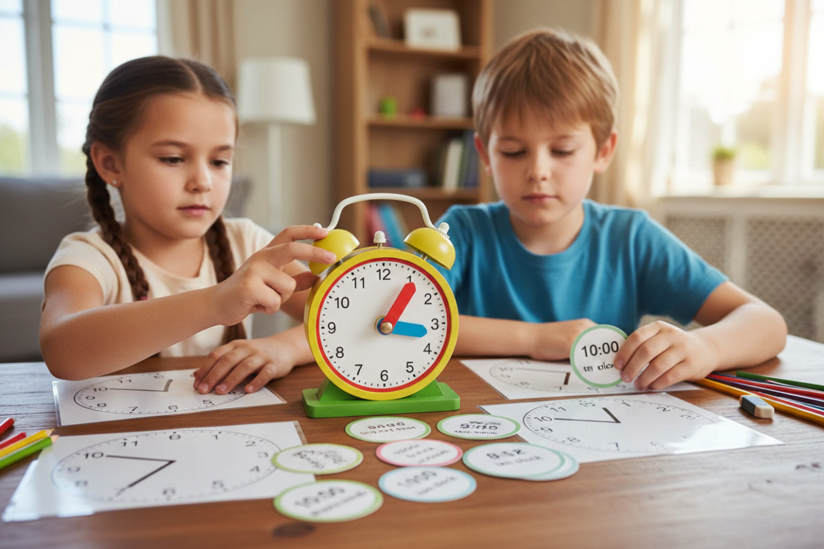 Alltagsszenen zeigen, wie Kinder mit Lernuhr, Vorlagen und Zuordnungskarten das Lesen der analogen Uhr üben.