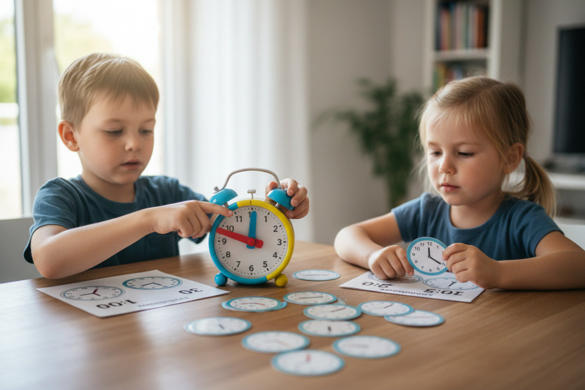 Alltagsszenen zeigen, wie Kinder mit Lernuhr, Vorlagen und Zuordnungskarten das Lesen der analogen Uhr üben.