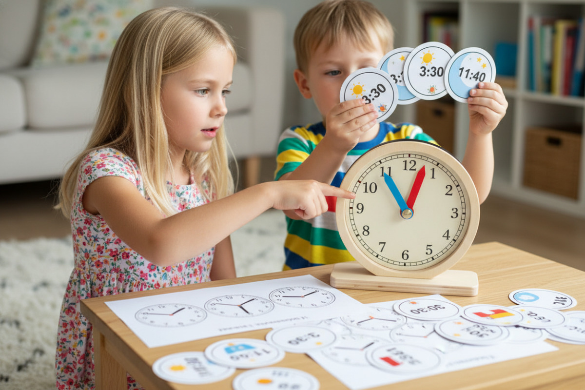 Alltagsszenen zeigen, wie Kinder mit Lernuhr, Vorlagen und Zuordnungskarten das Lesen der analogen Uhr üben.