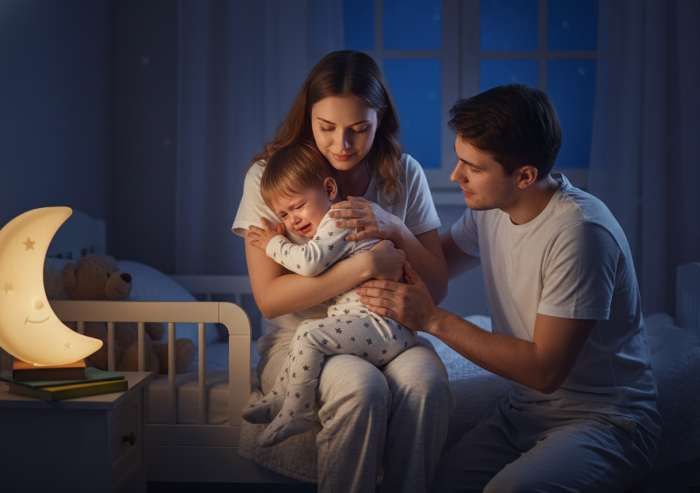 Eltern trösten ihr nachts wach gewordenes Kleinkind