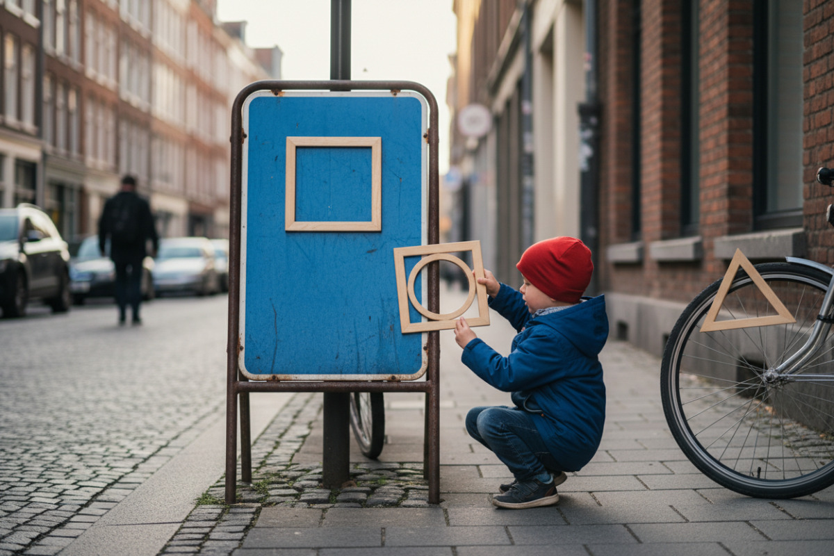 Abb. Formensuche unterwegs Schilder, Fenster und Räder werden zu Lernmaterial.