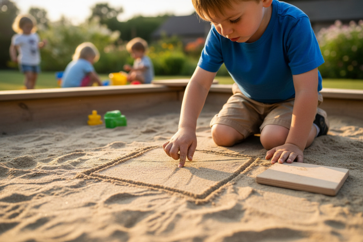 Alltagsszenen, in denen Kinder geometrische Formen erkennen, legen, zeichnen und in ihrer Umgebung wiederfinden