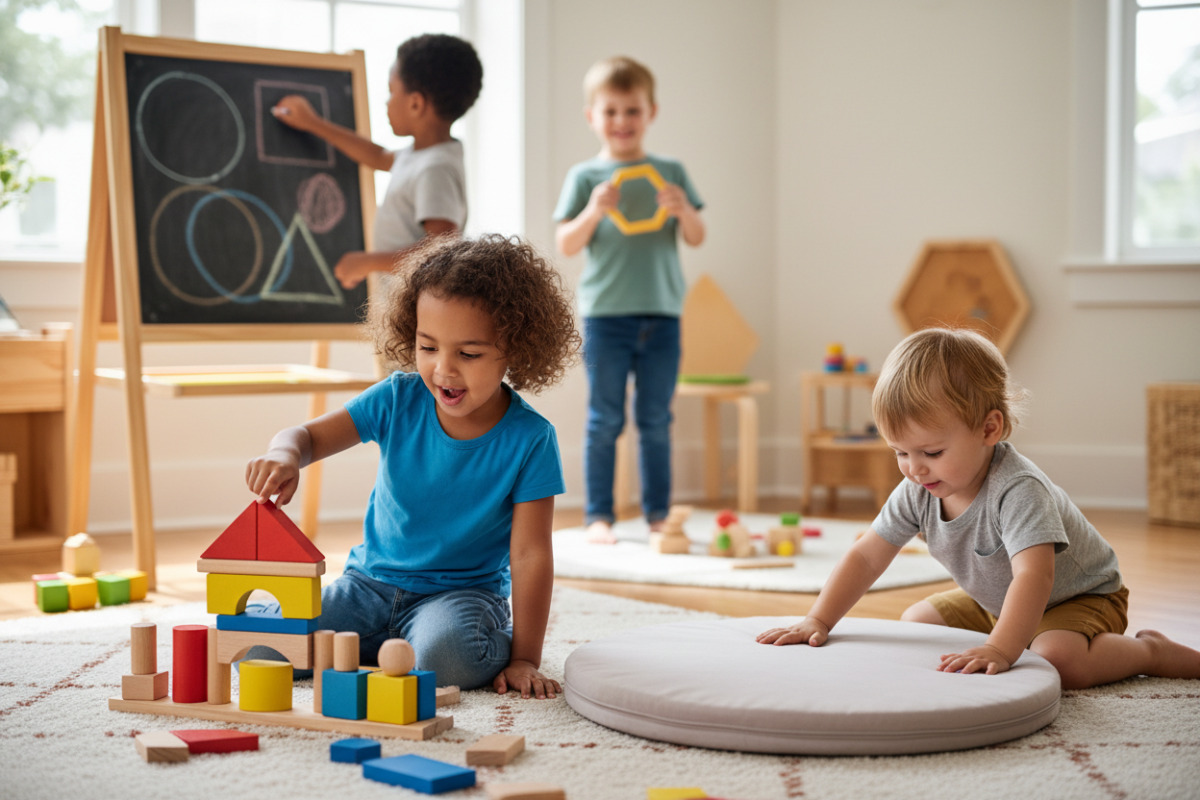 Alltagsszenen, in denen Kinder geometrische Formen erkennen, legen, zeichnen und in ihrer Umgebung wiederfinden