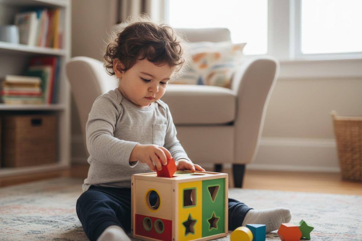 Alltagsszenen, in denen Kinder geometrische Formen erkennen, legen, zeichnen und in ihrer Umgebung wiederfinden