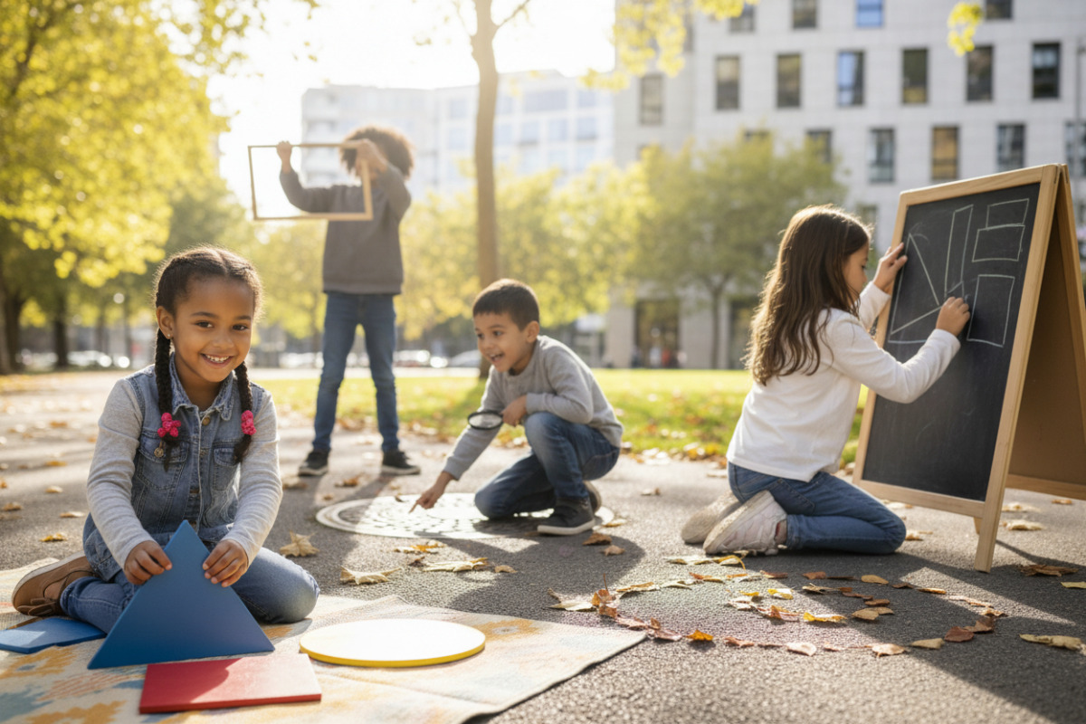 Alltagsszenen, in denen Kinder geometrische Formen erkennen, legen, zeichnen und in ihrer Umgebung wiederfinden