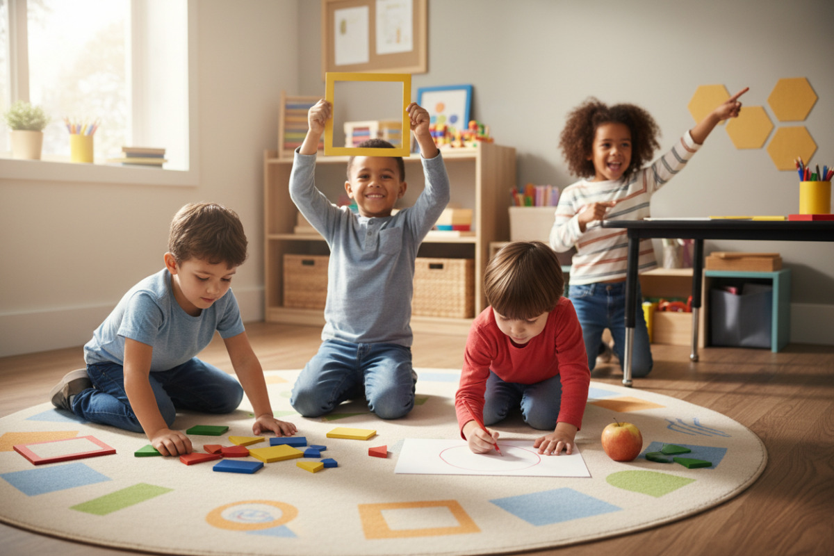 Alltagsszenen, in denen Kinder geometrische Formen erkennen, legen, zeichnen und in ihrer Umgebung wiederfinden