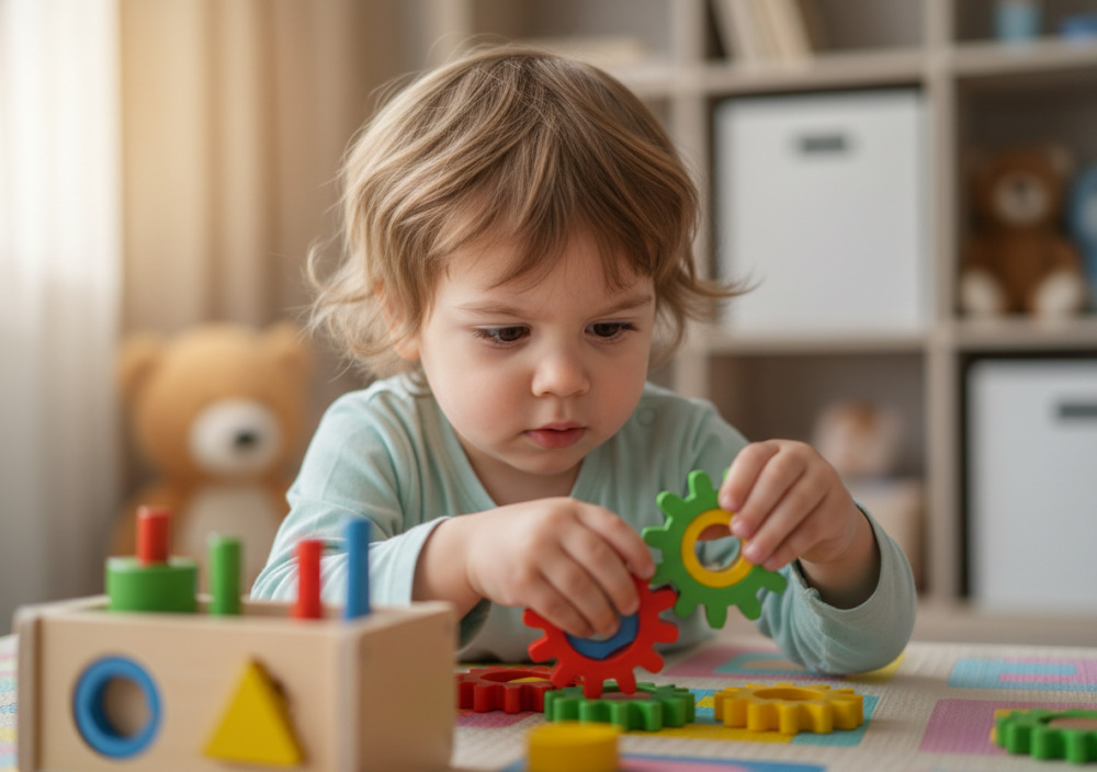 Kind spielt mit Lernspielzeug und ist wach und konzentriert