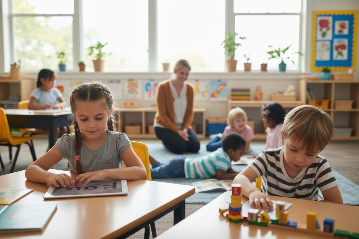 Alltagsszenen zeigen, wie ein ruhiger Start, kleine Schritte und Pausen beim Lernen in der Grundschule zusammenwirken
