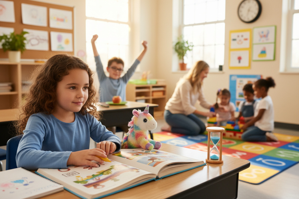 Alltagsszenen zeigen, wie ein ruhiger Start, kleine Schritte und Pausen beim Lernen in der Grundschule zusammenwirken